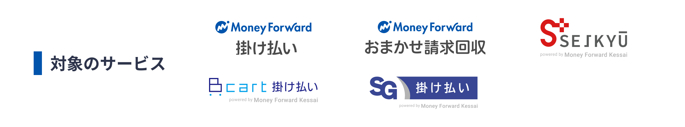 対象のサービスは、マネーフォワード 掛け払い、マネーフォワードおまかせ請求回収、SEIKYU＋、Bカート掛け払い、SG掛け払い®